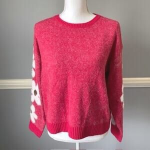 Pink Floral Sleeve Knit Sweater Women's Medium Fuzzy Soft Pullover Soft Girl